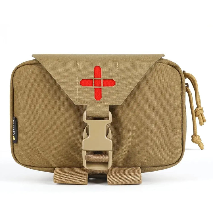 Tan medical bag with red cross on a white background