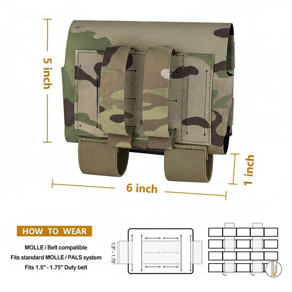 Camouflage tactical pouch with measurements and compatibility details on a white background
