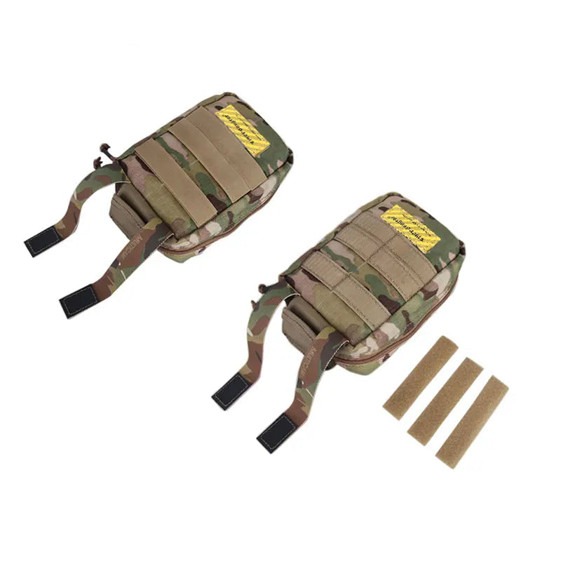 Two camouflage tactical pouches with straps and a small patch on a white background.
