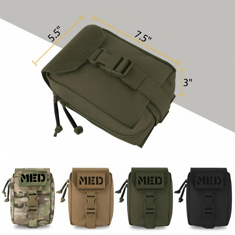 Green tactical med pouch with measurements and colour options displayed below.