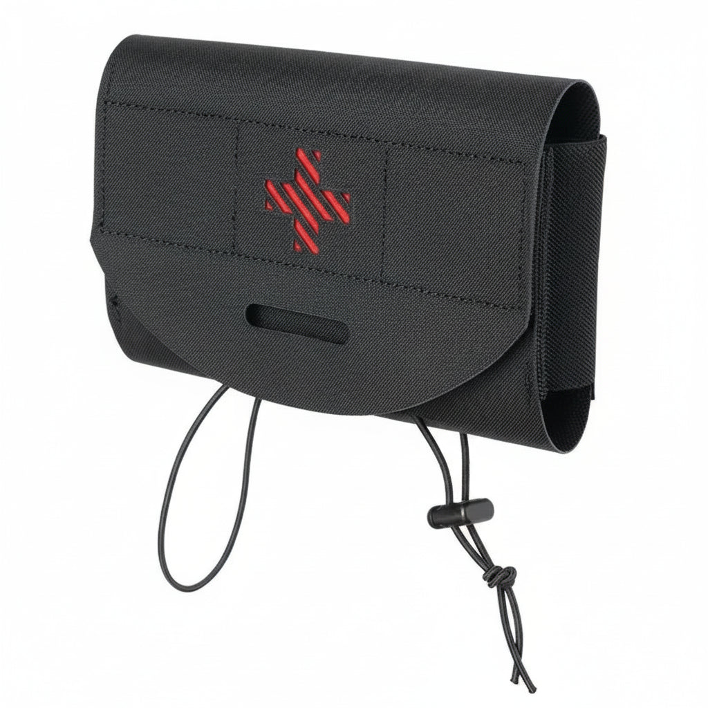 Black pouch with red cross on a white background
