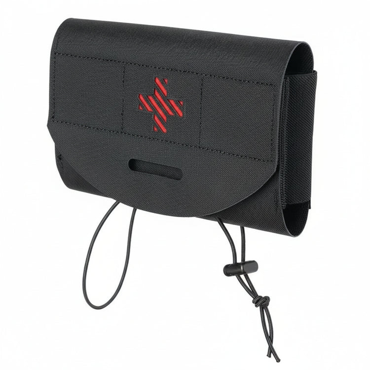 Black pouch with red cross on a white background