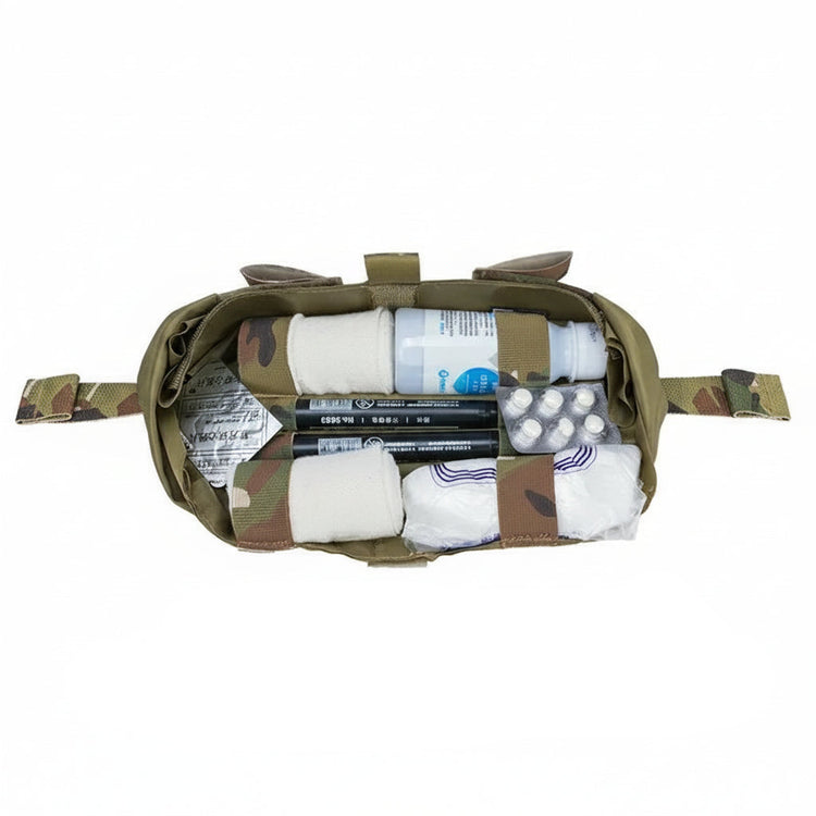 Camouflage medical pouch with supplies on a white background