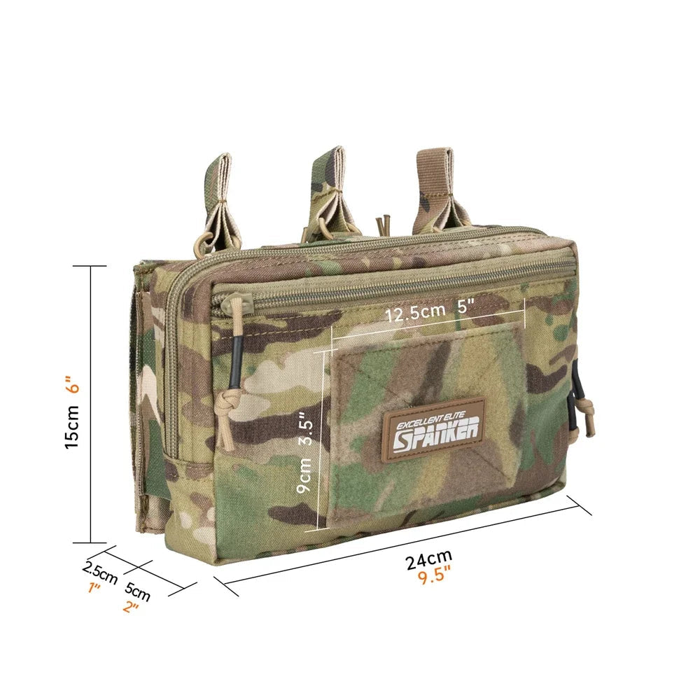 Camouflage tactical pouch with measurement markings on a white background