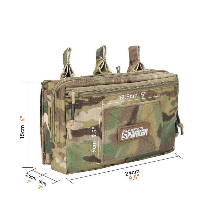 Camouflage tactical pouch with measurement markings on a white background