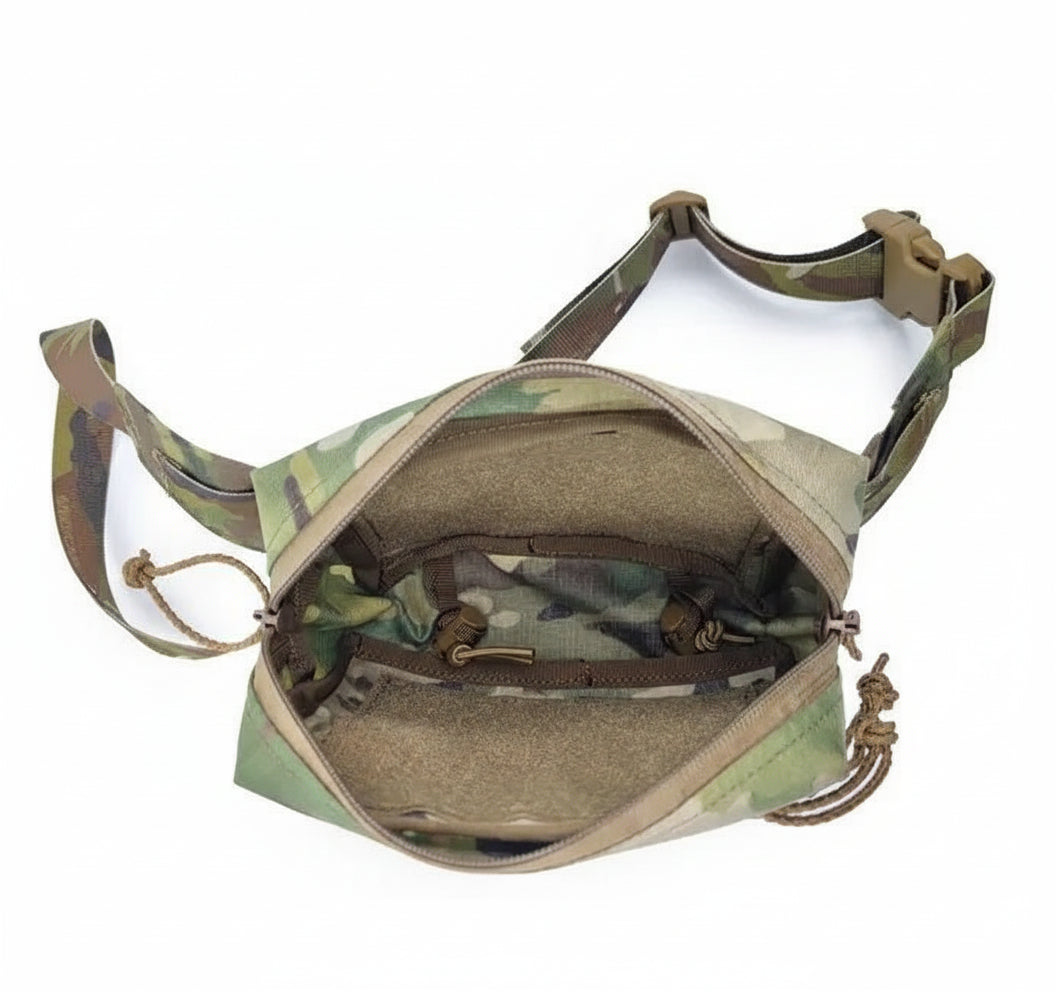Unzipped Inside view of Multicam Camouflage Crossbody Waist Bag Fanny Packon a white background