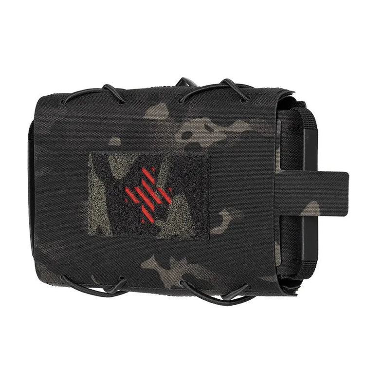 Black camouflage bag with a red cross on a white background