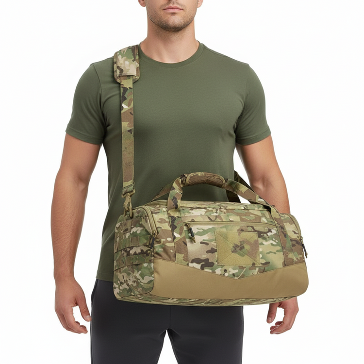 Person wearing a multicam camouflage duffel bag on a white background