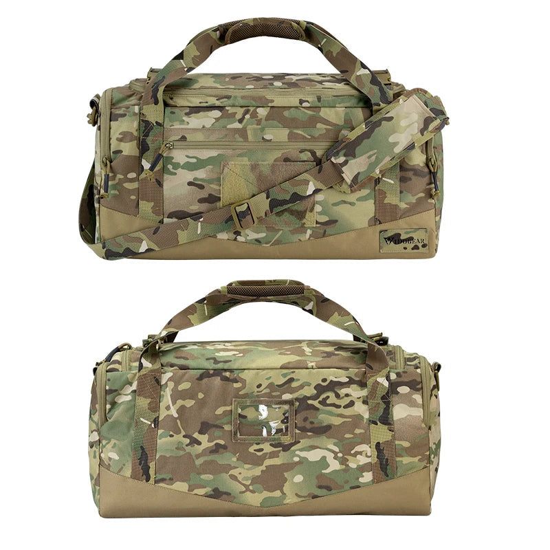 Multicam Camouflage duffel bag with shoulder strap on a white background