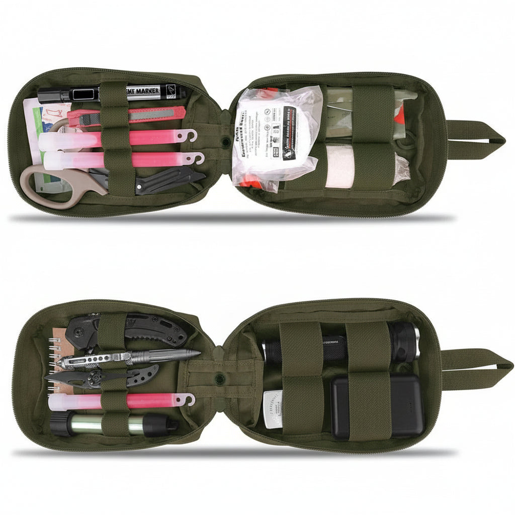 Open green tactical pouch with various tools and supplies on a white background