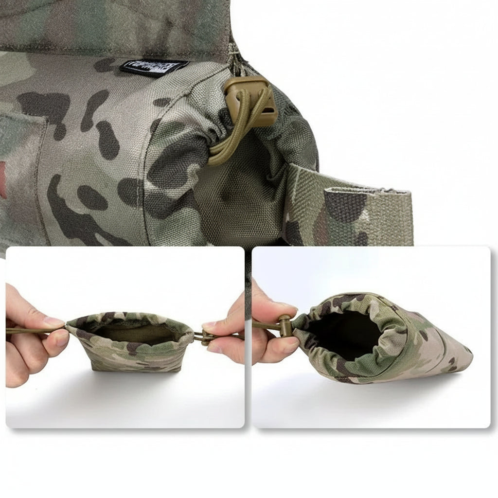 Camouflage medical bag with shrink ropes and instructions on how to use it.
