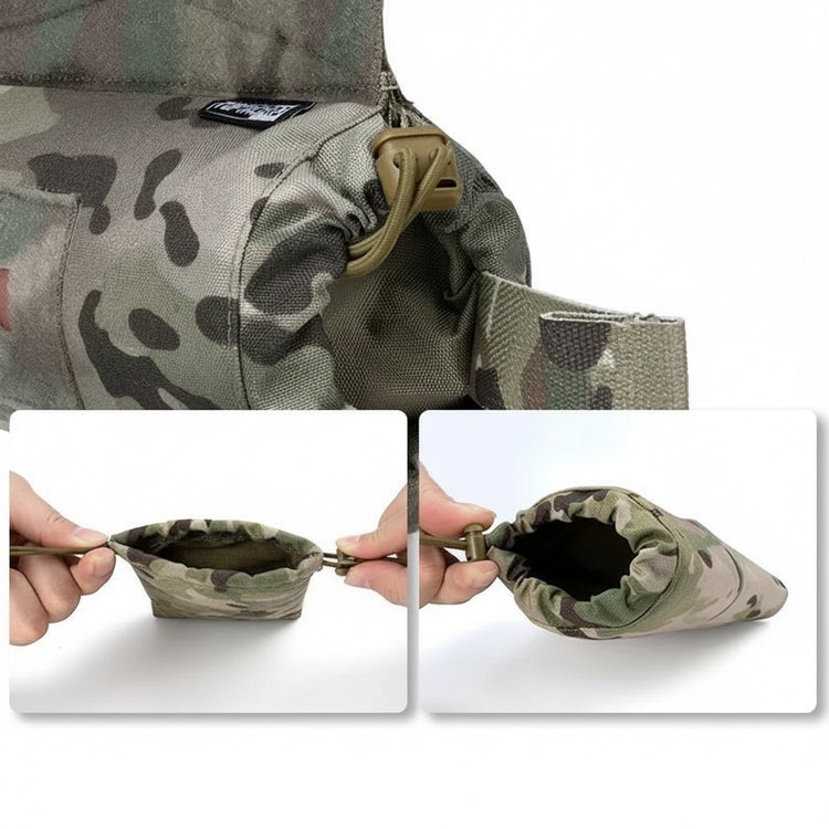 Camouflage medical bag with shrink ropes and instructions on how to use it.