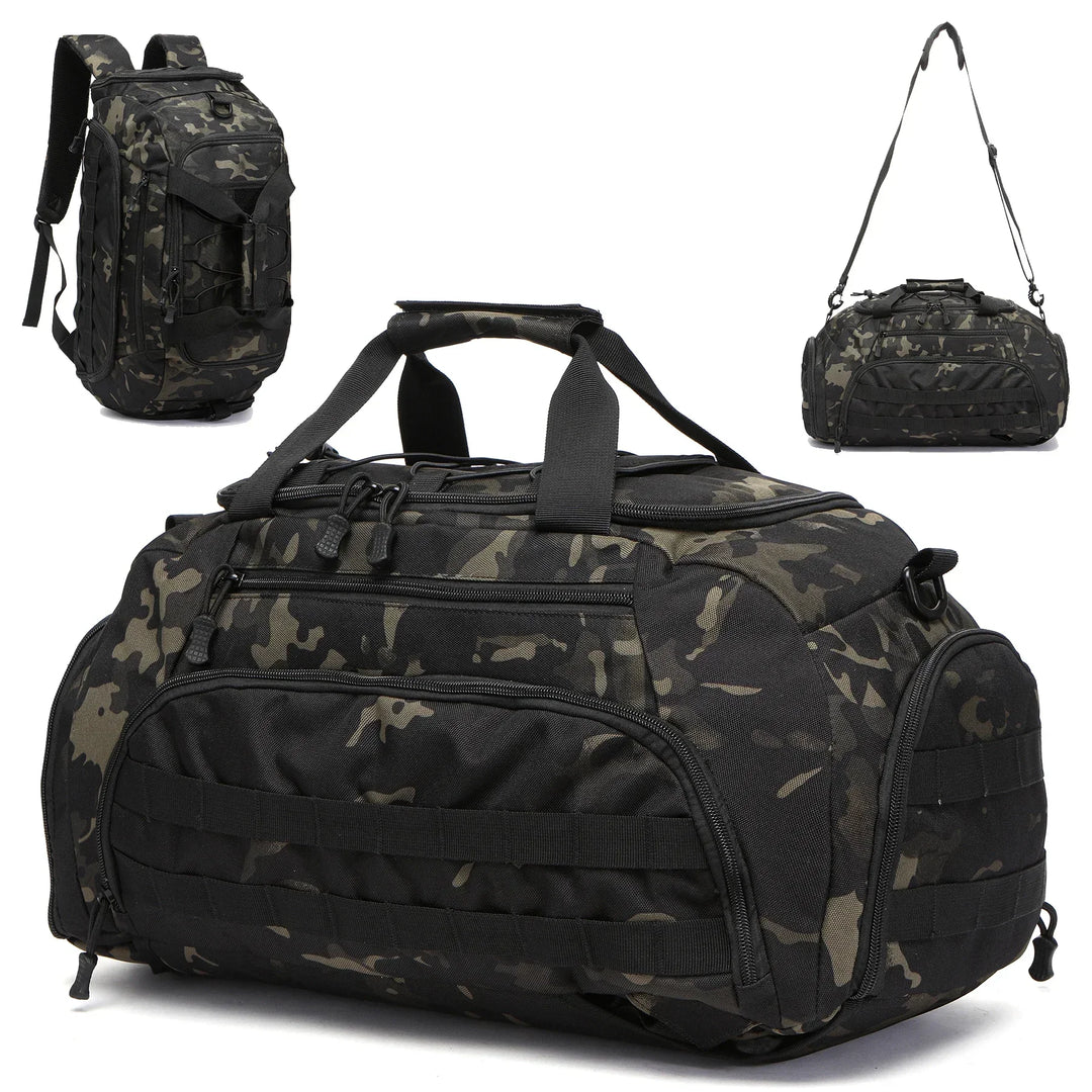 Multicam Black Camouflage duffel bag showing 3 in 1 system backpack and smaller bag on a white background