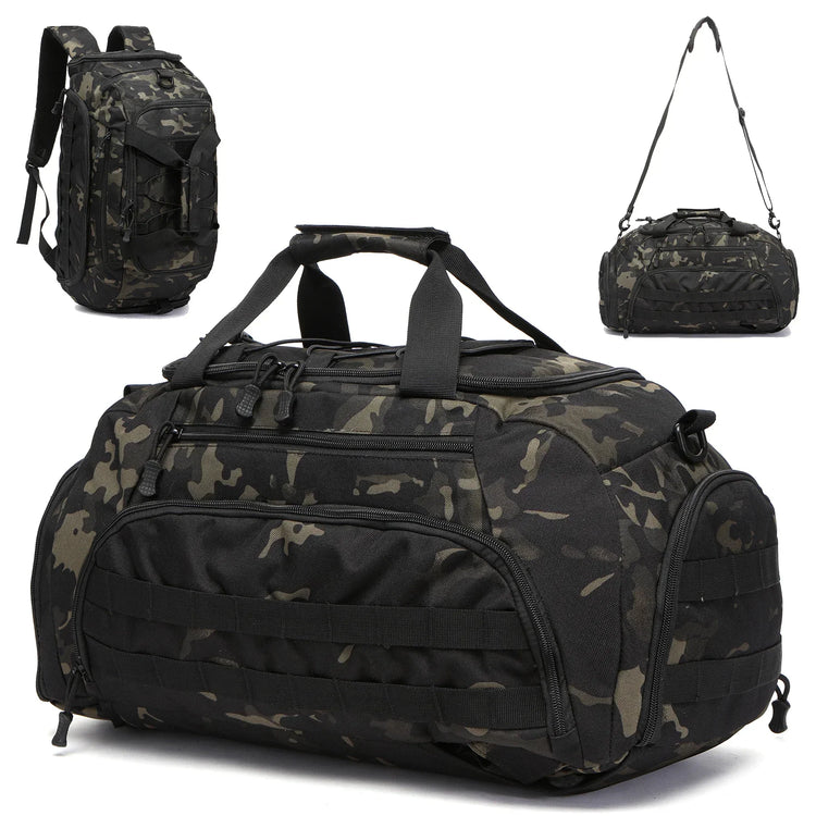 Multicam Black Camouflage duffel bag showing 3 in 1 system backpack and smaller bag on a white background