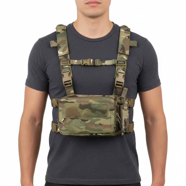 Person wearing a camouflage tactical vest on a white background