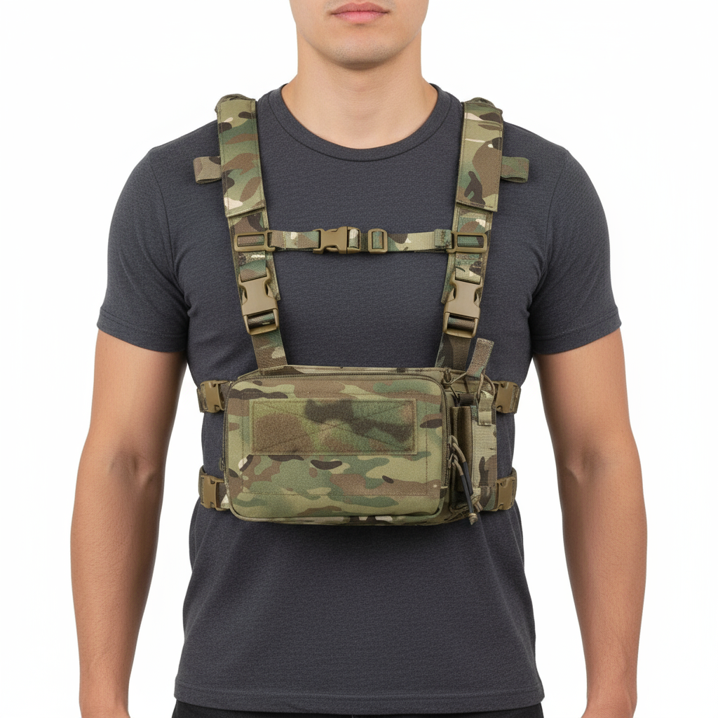 Person wearing a camouflage tactical vest on a white background