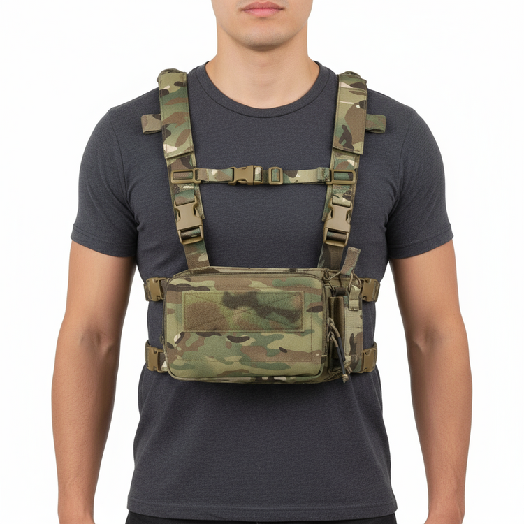 Person wearing a camouflage tactical vest on a white background