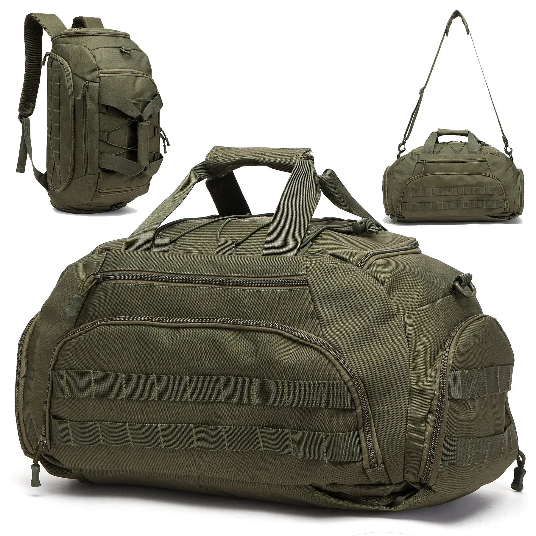 Green duffel bag showing 3 in 1 system backpack and smaller bag on a white background