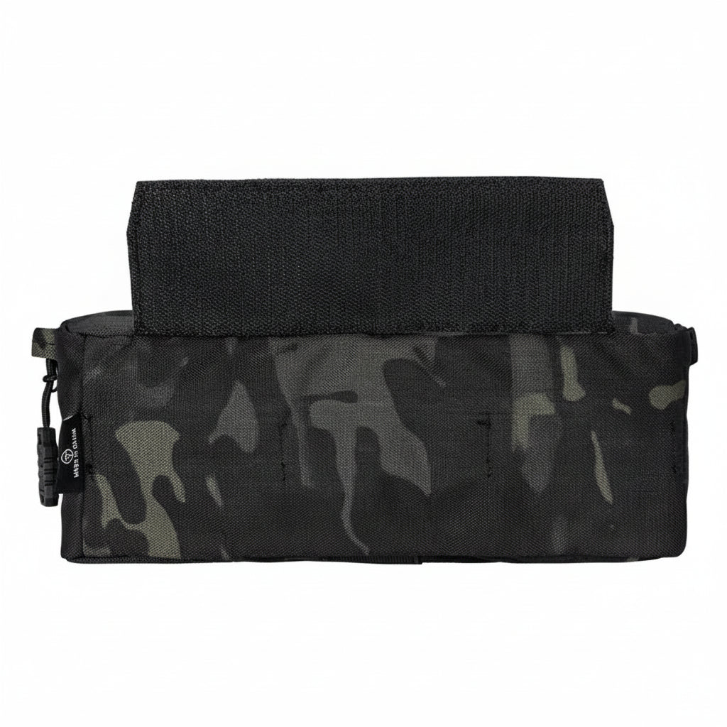 Black tactical pouch with camouflage pattern on a white background.