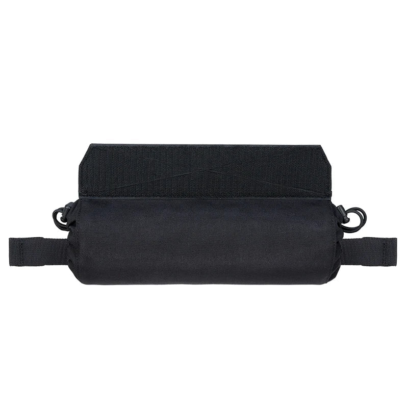 Black tactical pouch with a strap on a white background