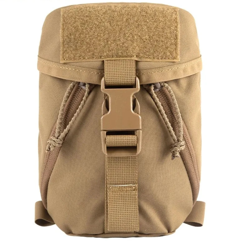 Tan tactical pouch with a buckle on a white background