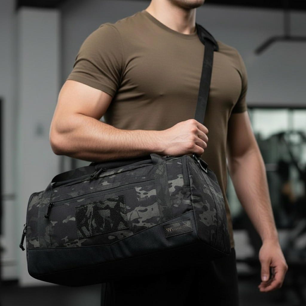 Man holding a multicam black camouflage duffel bag in an indoor setting