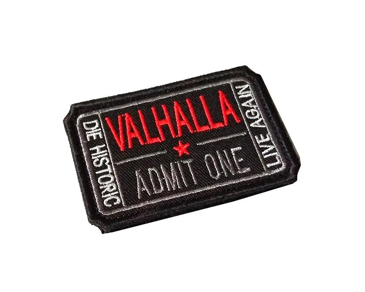 Embroidered patch with 'Valhalla' and 'Admit One' text on a white background
