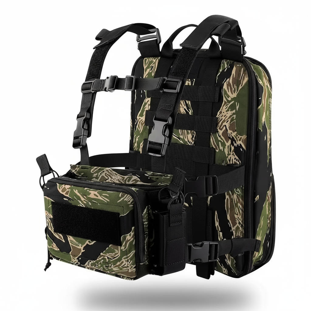 Camouflage tactical vest with multiple pockets and straps on a white background