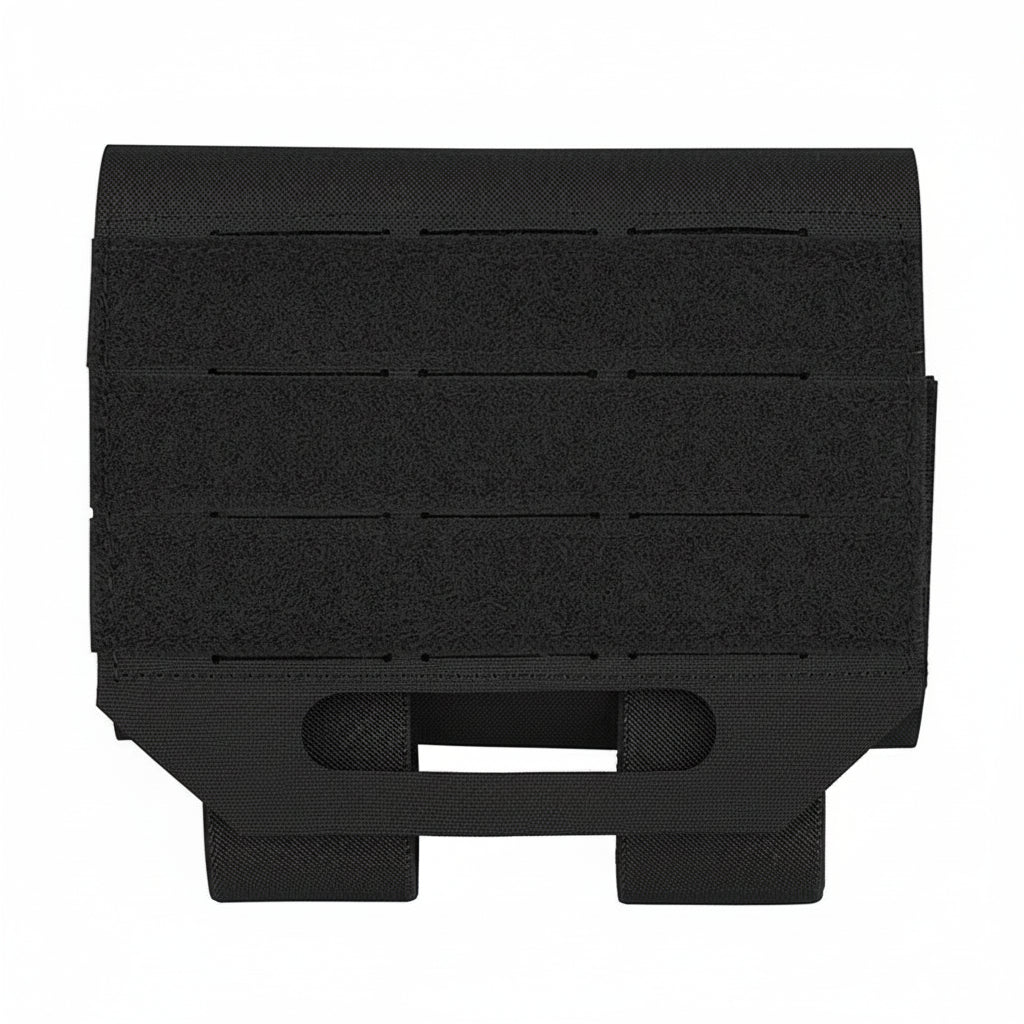 Black tactical pouch with multiple straps on a white background