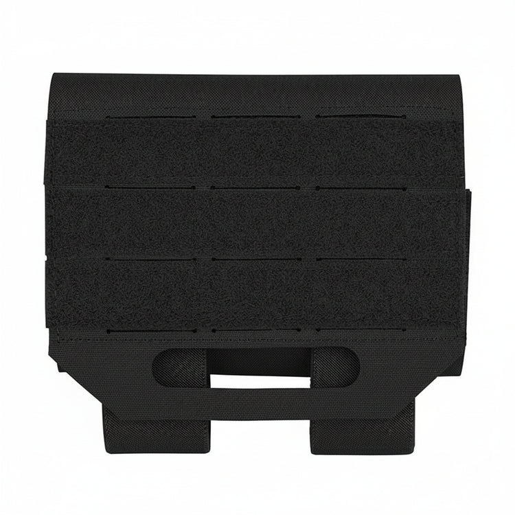 Black tactical pouch with multiple straps on a white background