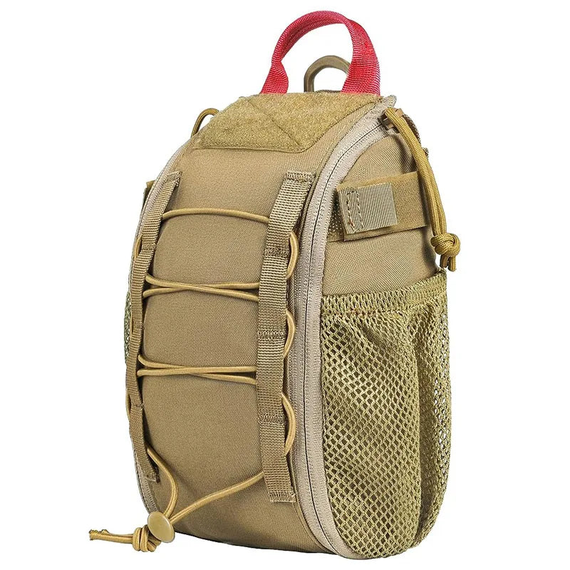 Tan tactical pouch with red handle on a white background