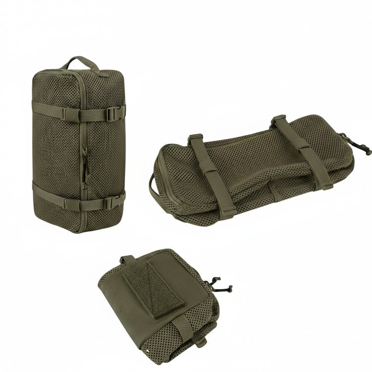 Step-by-step guide on folding a green backpack with arrows indicating each step.