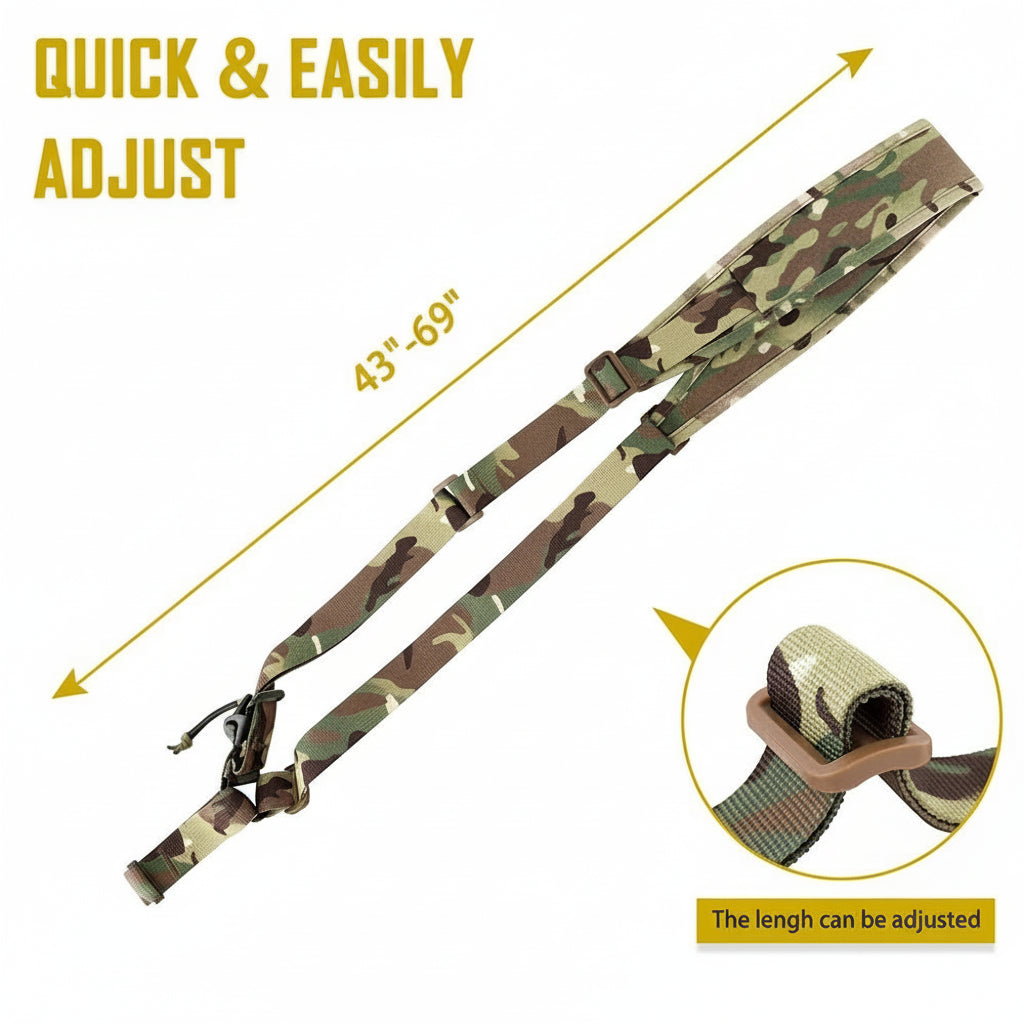 Camouflage rifle sling with adjustable length feature on a white background