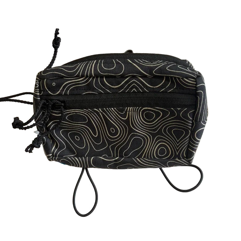 Black Crossbody Waist Bag Fanny Packbag with white contour pattern on a white background
