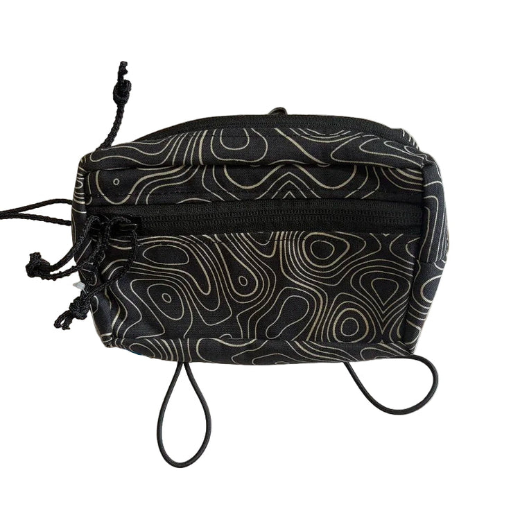 Black Crossbody Waist Bag Fanny Packbag with white contour pattern on a white background