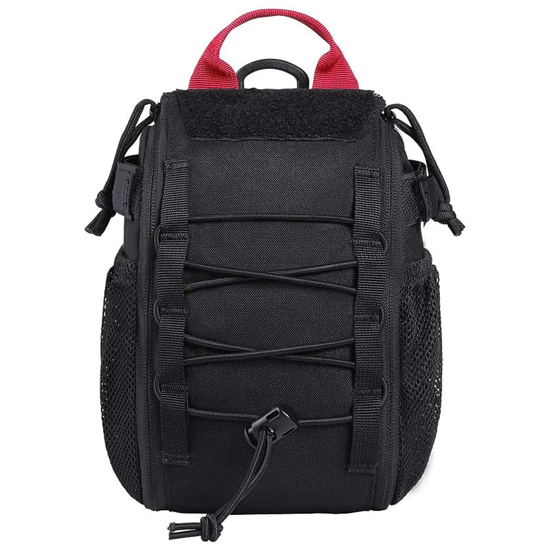Black tactical backpack with red handle on a white background