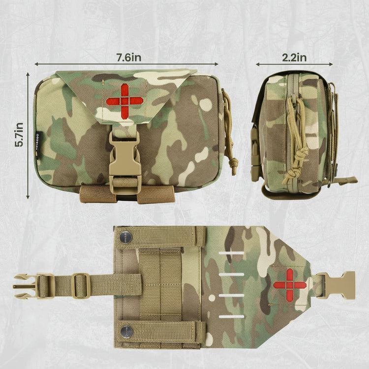 Camouflage medical pouch with dimensions on a white background
