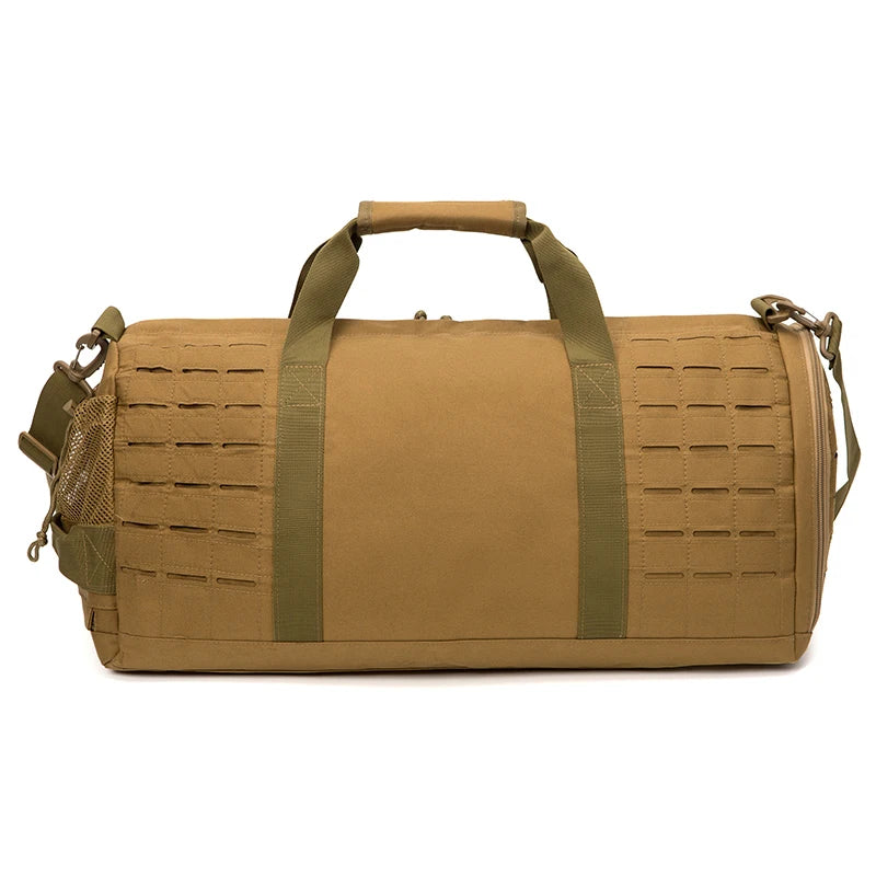 Tan duffel bag with green straps on a white background