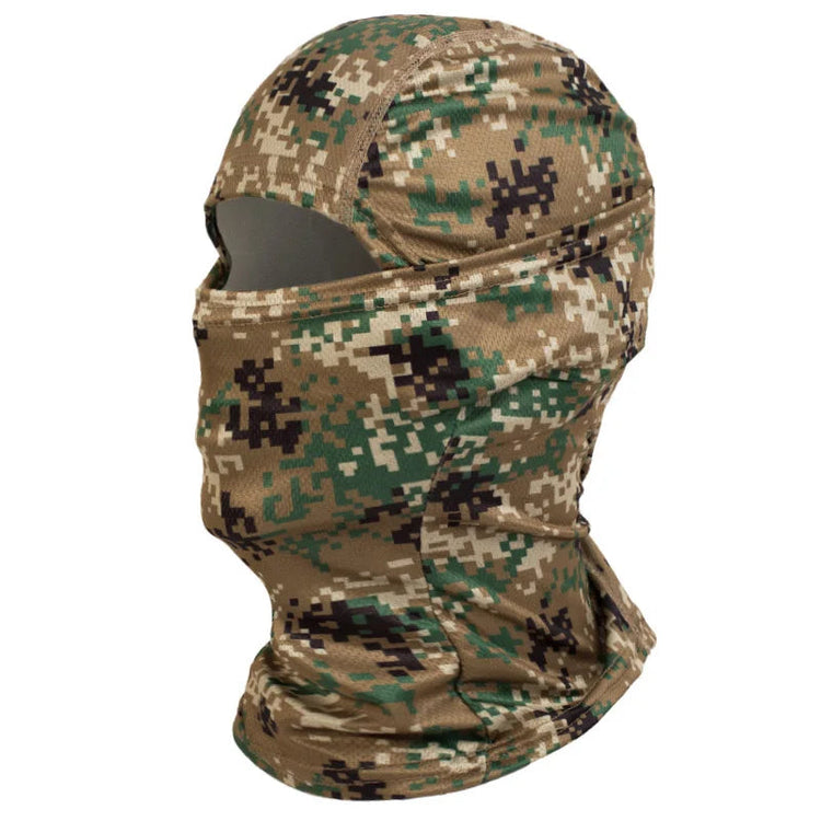 Camouflage balaclava with digital pattern on a white background