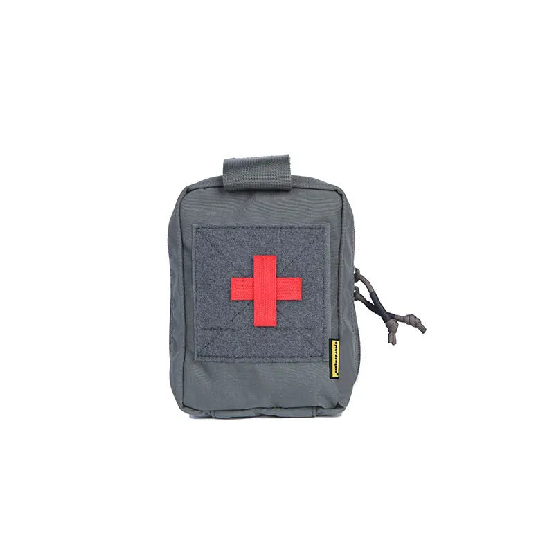 Gray tactical pouch with a red cross on a white background