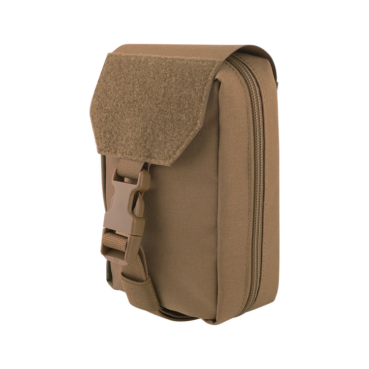 Brown tactical tear away aid pouch with a buckle on a white background