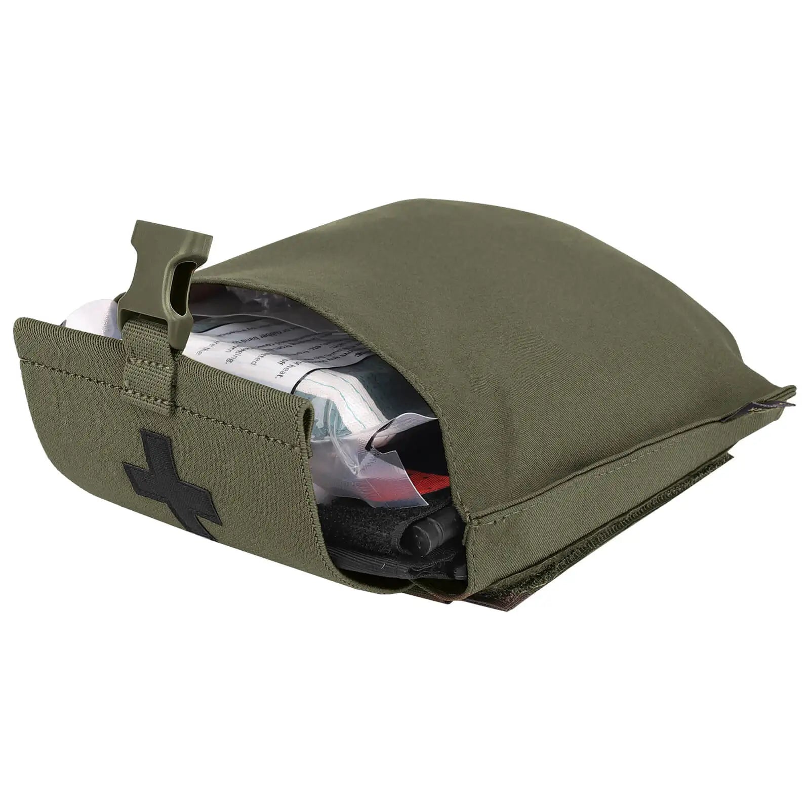 Green tactical pouch with a cross emblem on a white background