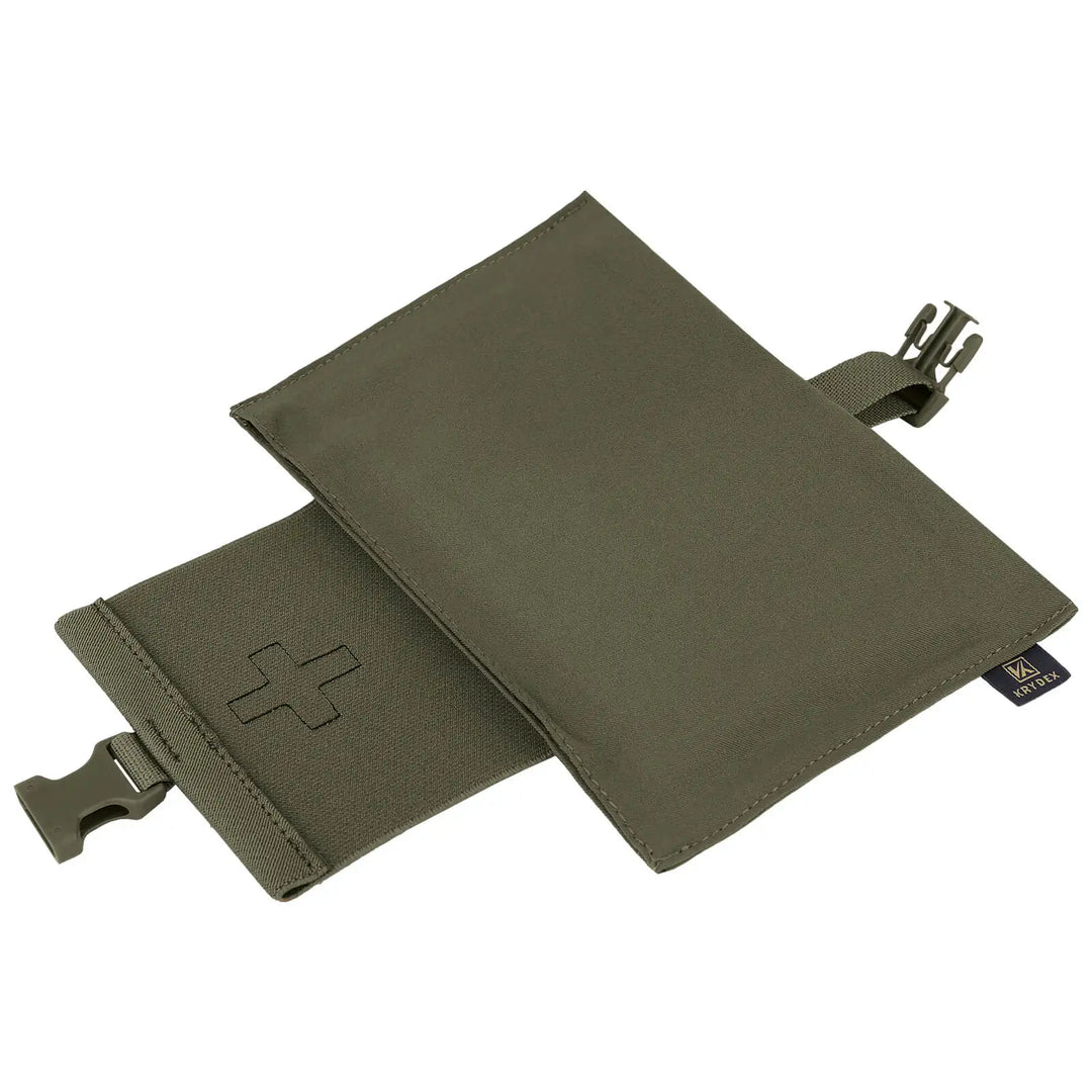 Two green fabric pouches with clips on a white background