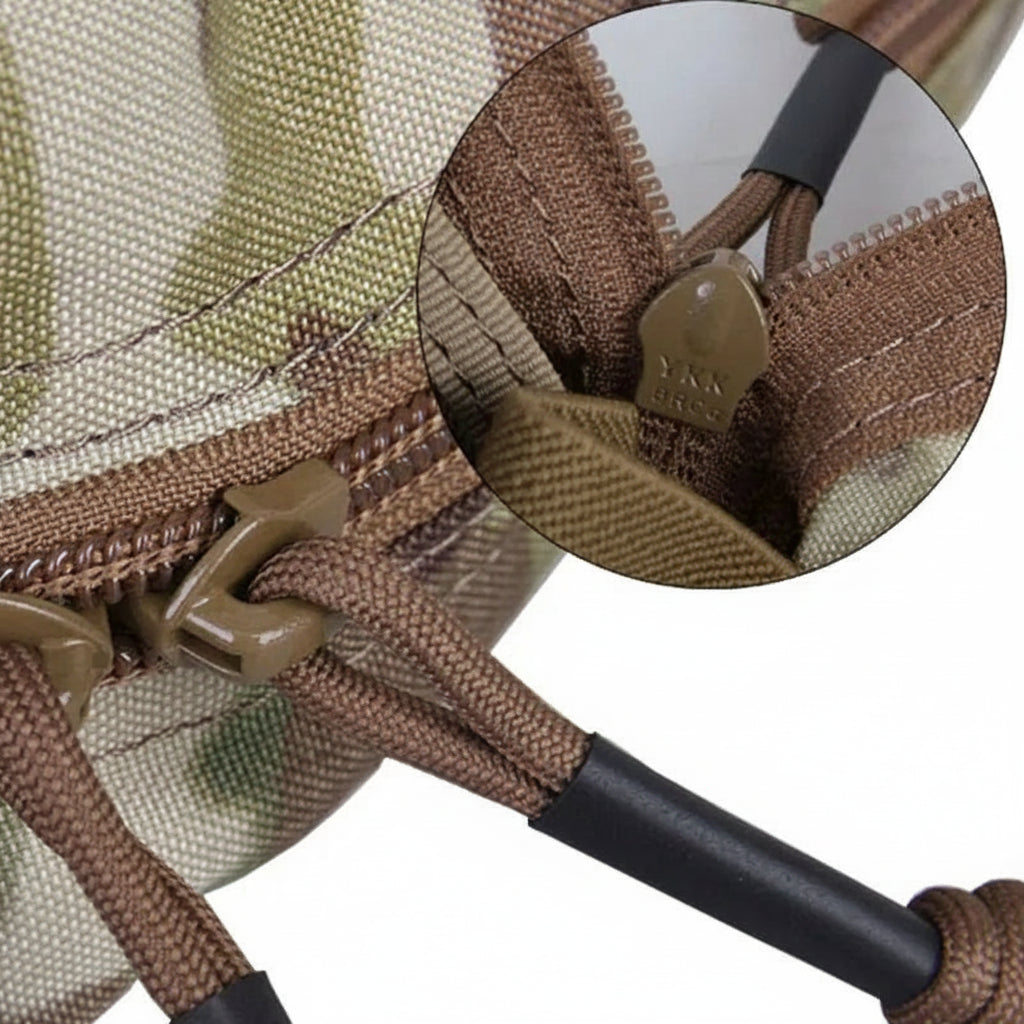 Close-up of a camouflage bag with a zipper.