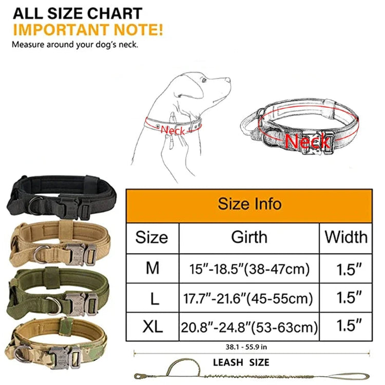 Dog collar size chart with measurements and illustrations on a white background