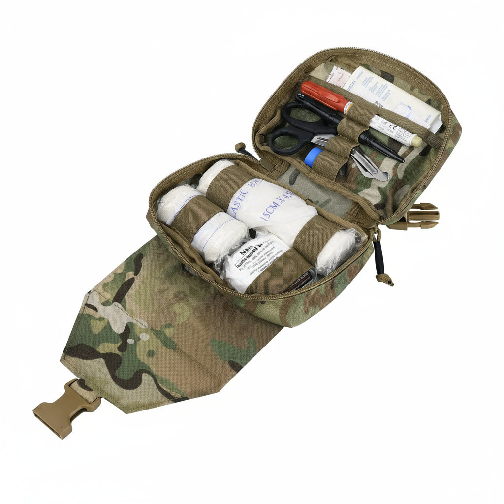 Camouflage aid kit with medical supplies on a white background