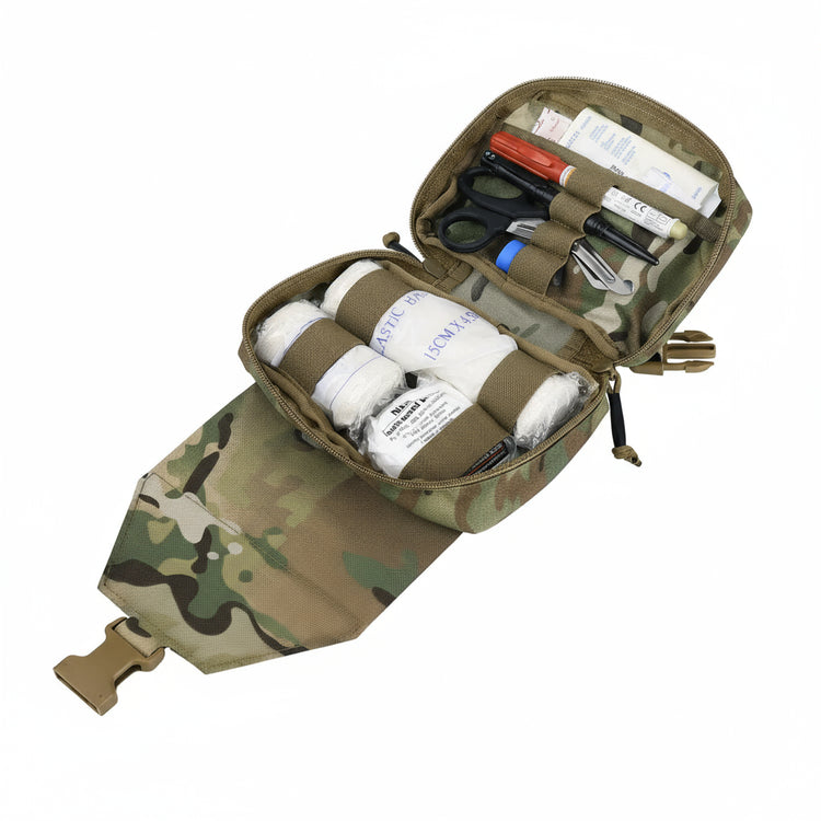 Camouflage aid kit with medical supplies on a white background
