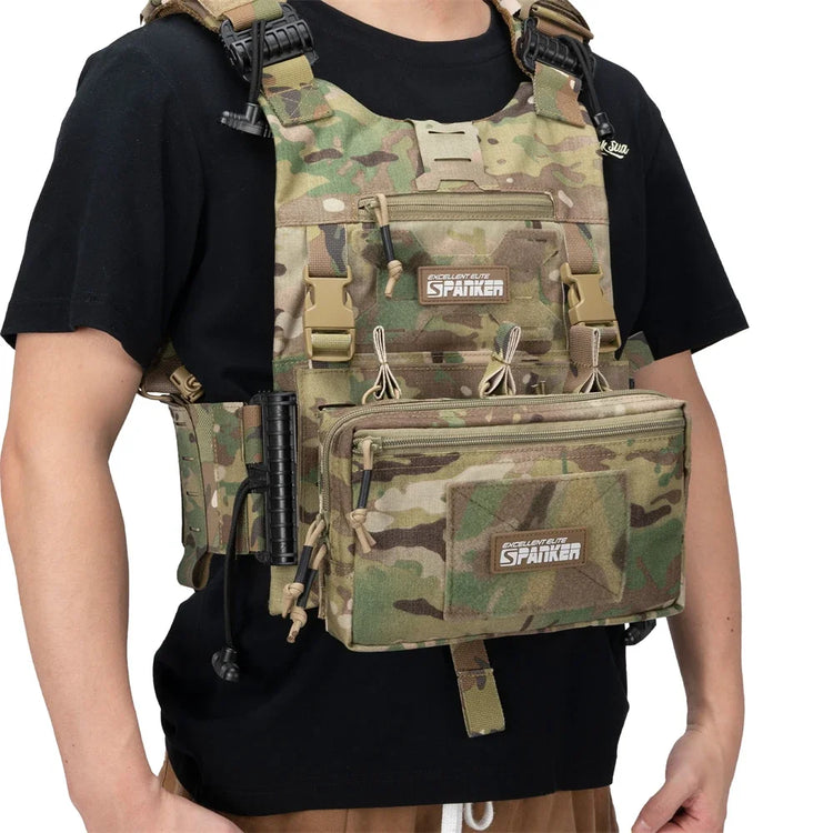 Person wearing a camouflage tactical vest on a white background
