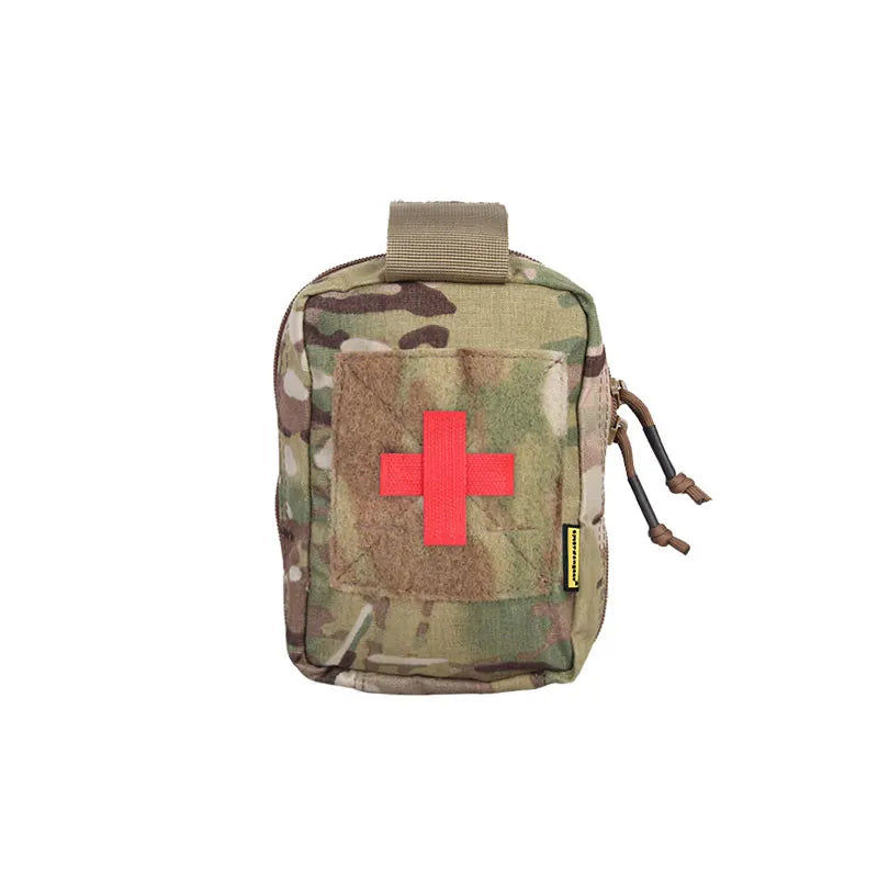 Camouflage medical pouch with red cross on a white background.