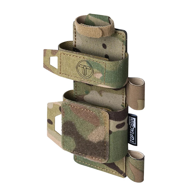 Camouflage tactical pouch with multiple straps on a white background